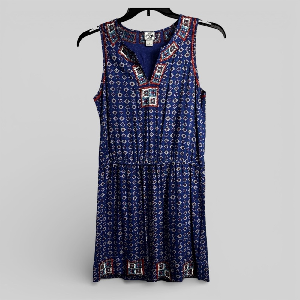 Irving & Fine blue printed geo shift dress preppy coastal size Small hippie boho